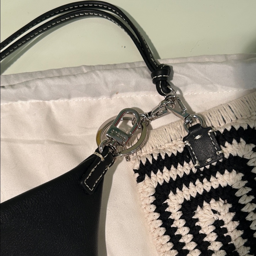 NWOT STAUD Artisanal Black & Cream Crochet Pouch & Black Leather Mini Bag Charm. - Picture 10 of 15